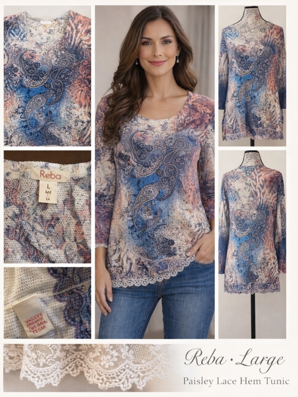 Reba Paisley Lace Hem Tunic Top Blue Pink Boho Size Large Made in USA - Picture 2 of 9
